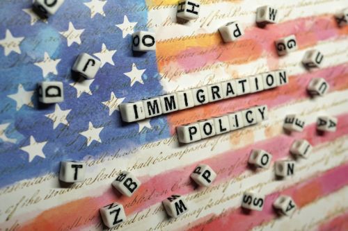 dice spelling immigration policy on an American flag